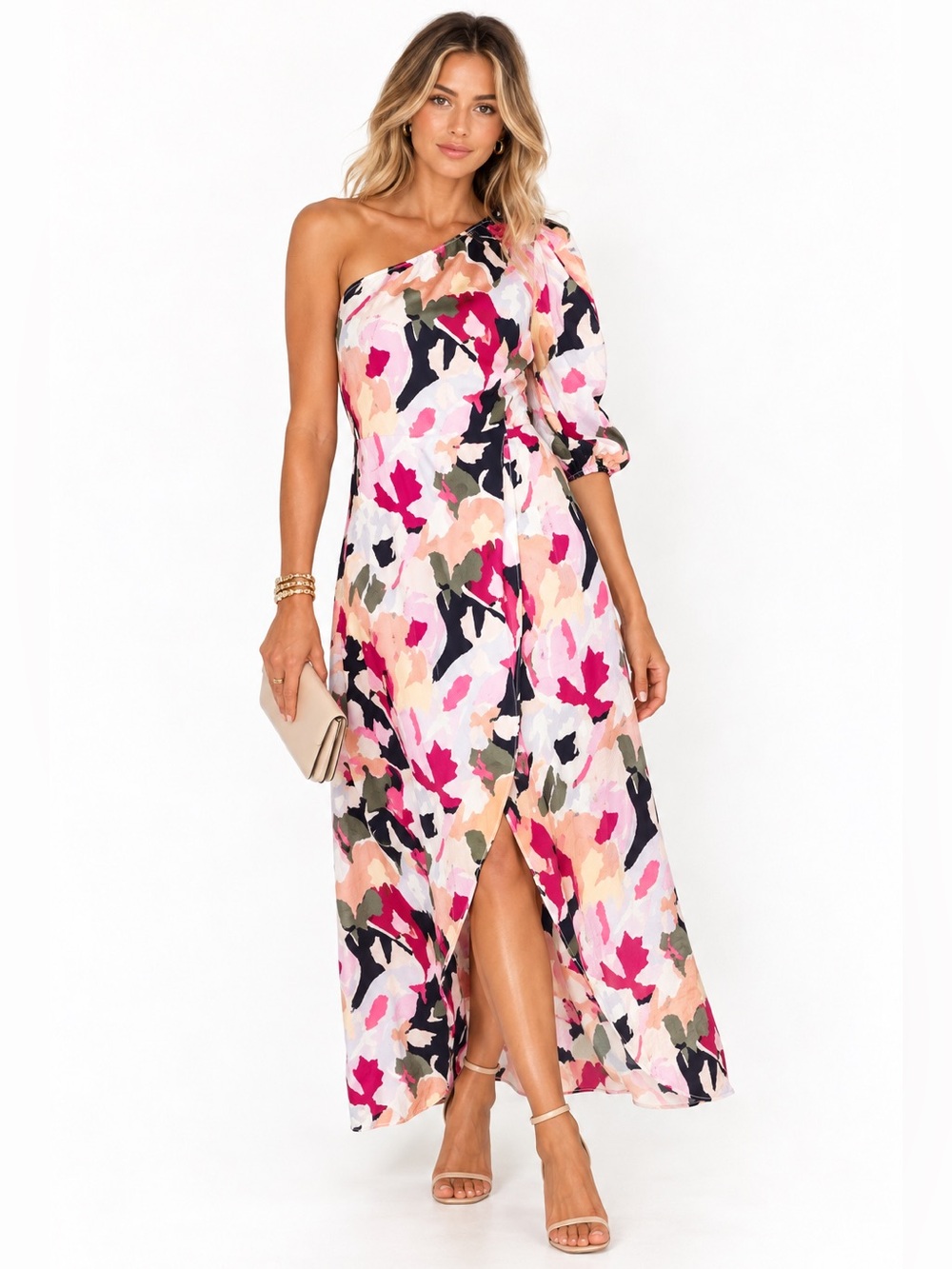 CROSBY by Mollie Burch One-Shoulder Floral Satin Ruffle Slit Midi Dress Size S